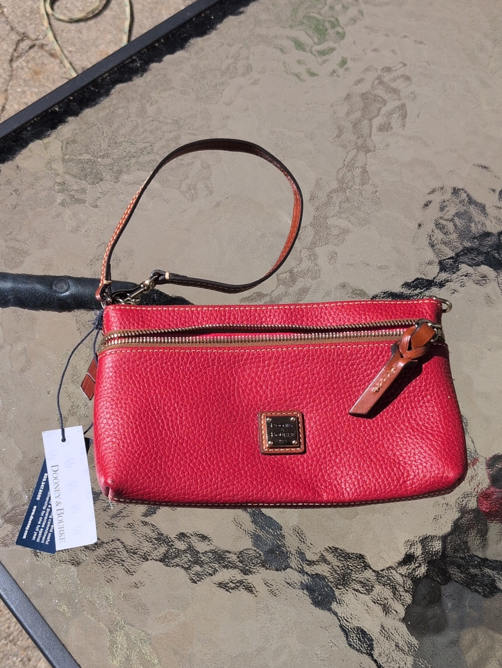 Dooney & Bourke Red Pebble Leather Wristlet with Tan Strap NWT